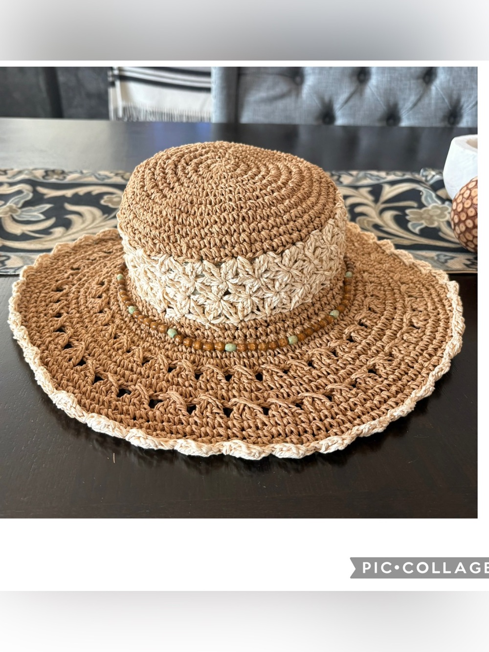 Fat Face UK Packable Crochet Straw Sun Hat Boho Wide Brim Brown Cream Beaded - Picture 2 of 5